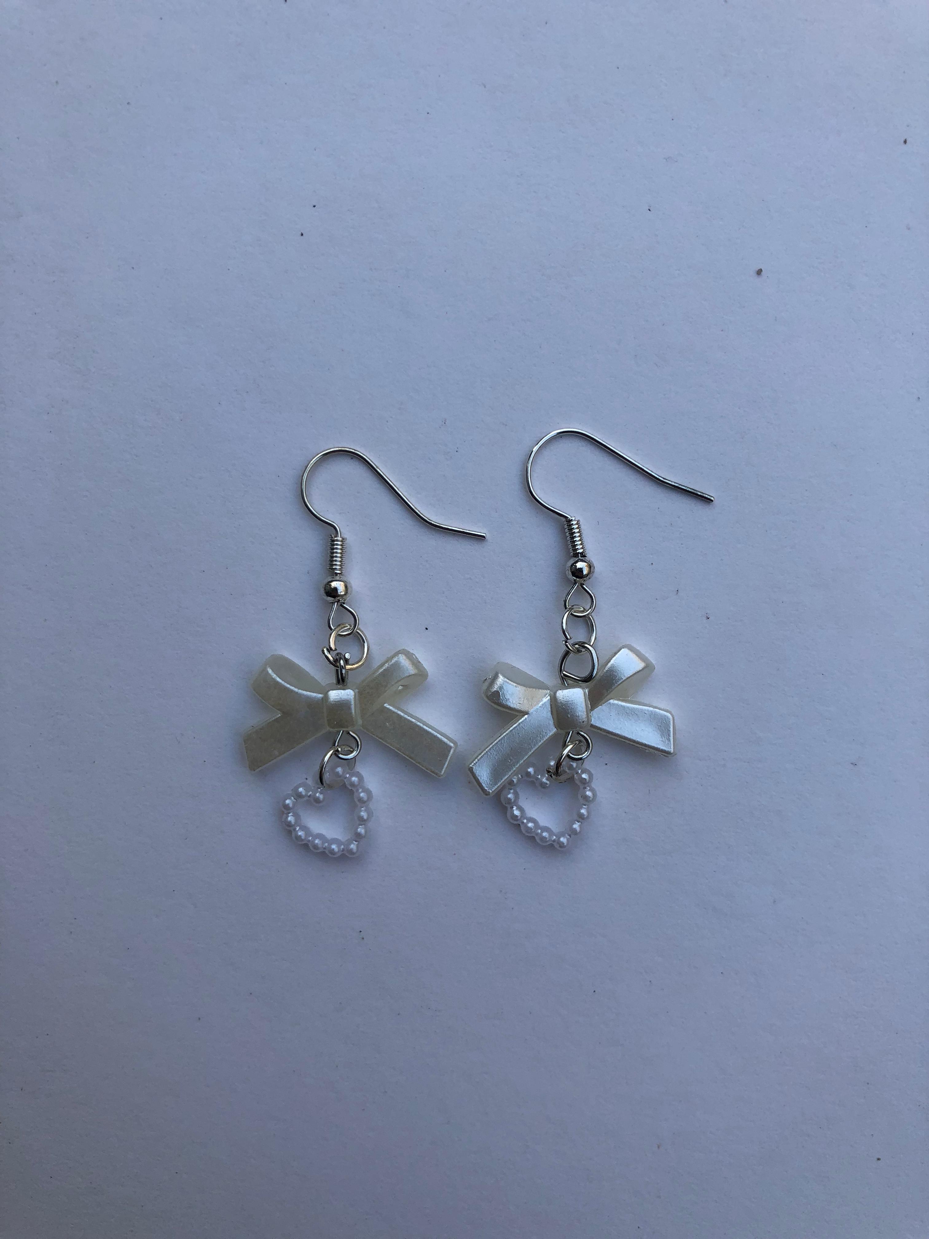 White Bow Heart Earrings