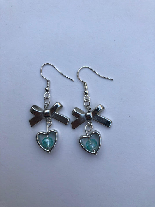 Blue Heart Bow Earrings