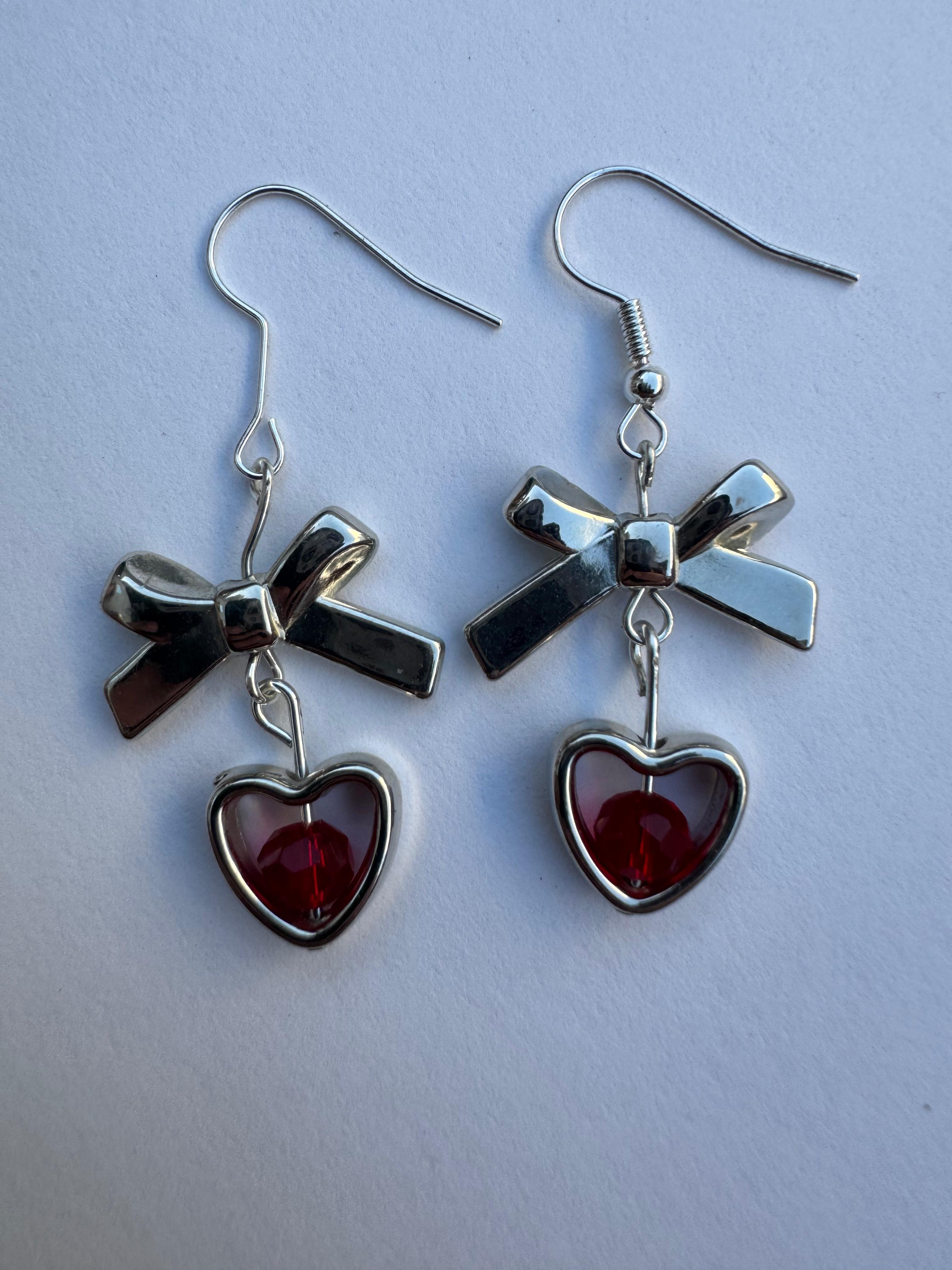 Red Bow Heart Earrings
