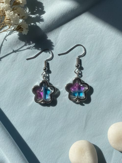 Pinkish Blue Glass Star Earrings
