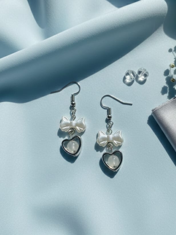 White Bow Heart Earrings
