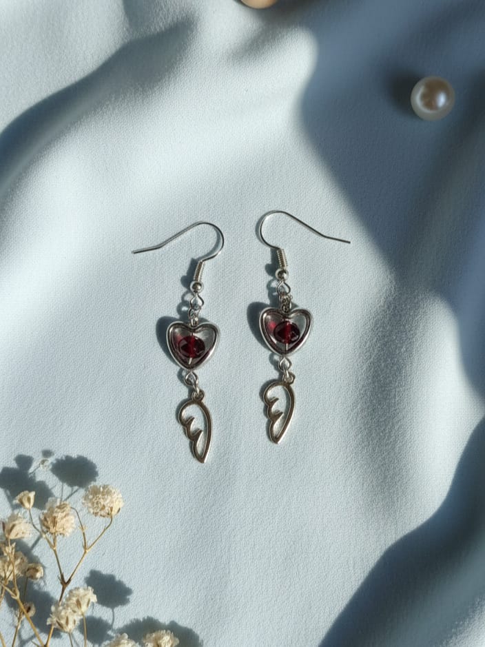 Maroon Heart Wings Earrings