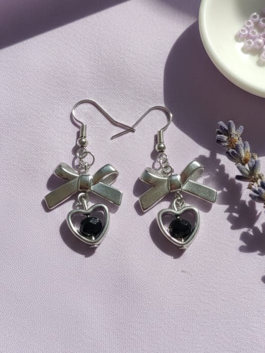 Black Bow Heart Earrings
