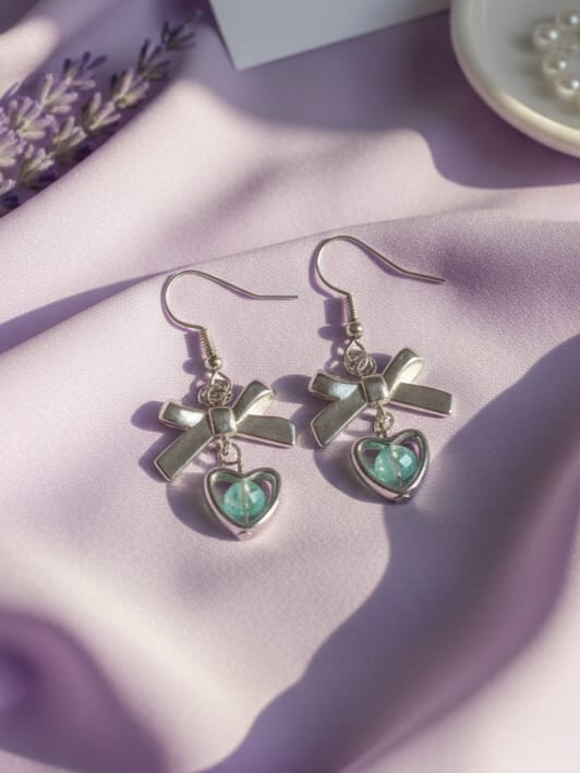 Blue Heart Bow Earrings