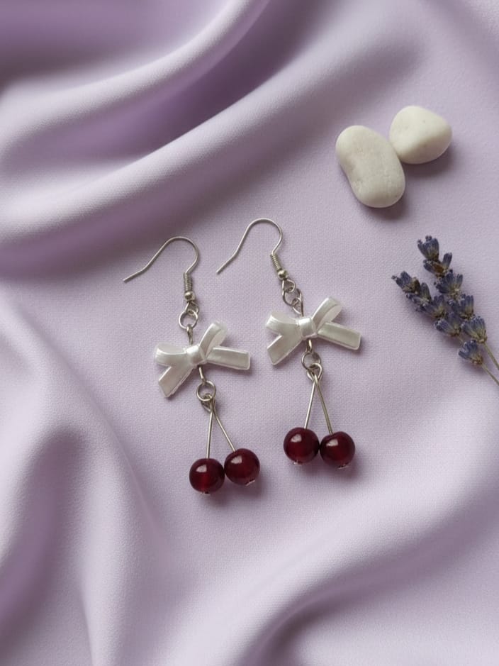 Maroon Bow Cherry Earrings