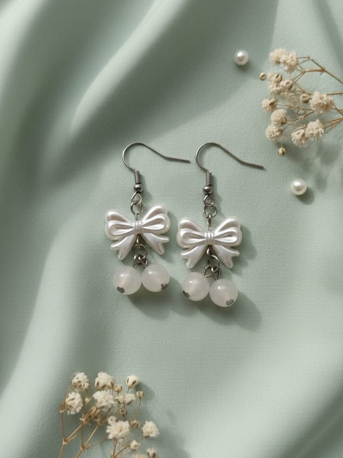 White Bow Cherry Earrings
